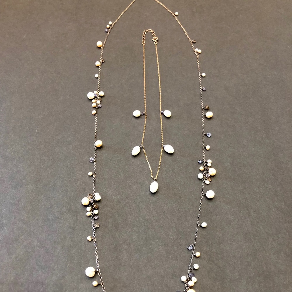 Two brass chain necklaces with real pearls and gem stone chips.